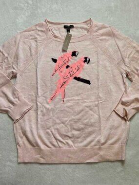 New L XL J.Crew Parrot intarsia merino wool crewneck sweater in pink parrots